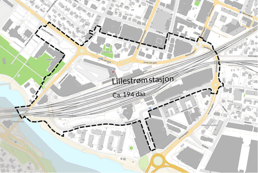 Et utsnitt av et kart av området rundt Lillestrøm stasjon