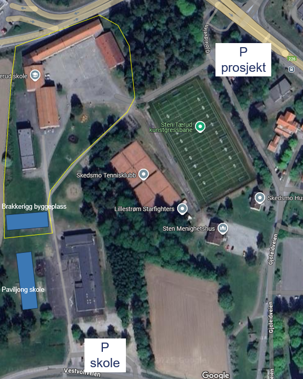 Skisse av inngjerdingen av skolen under anleggsperioden