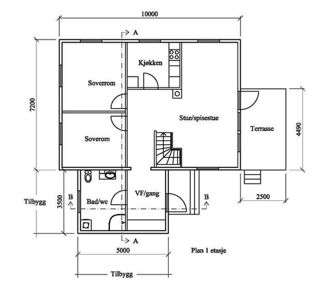 En tegning av en plantegning for et hus.