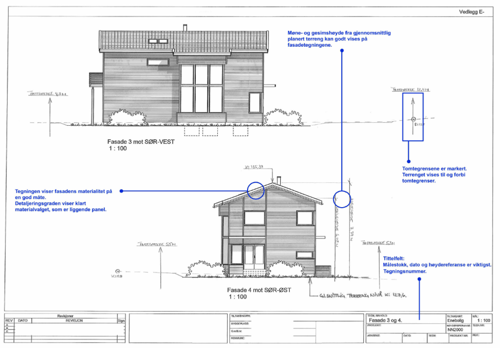 En tegning av et toetasjes hus med plantegninger.