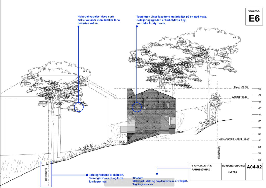 Et diagram av et hus med mange tr&aelig;r.