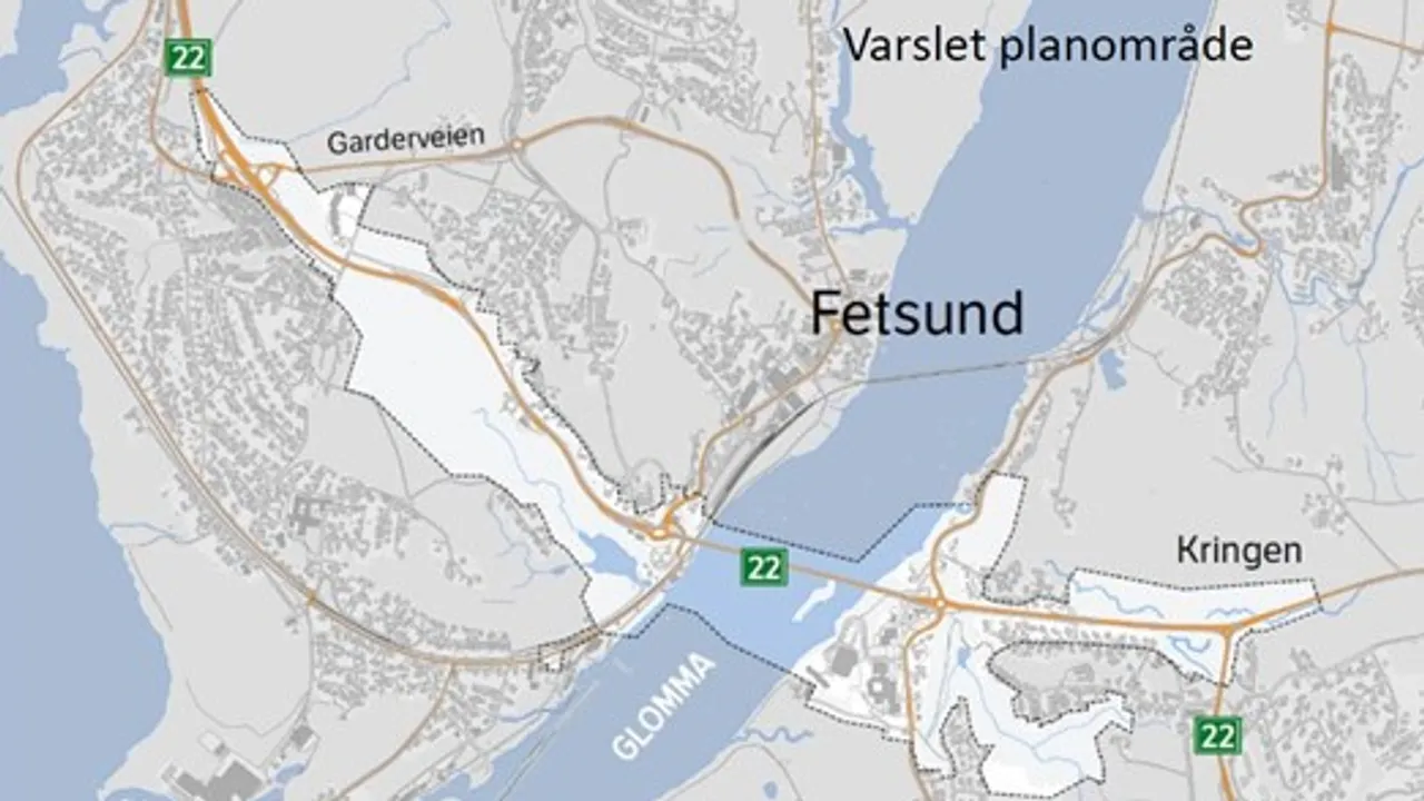 Kartet viser området hvor bruen vil ligge.