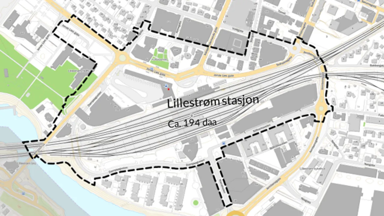 Et kart over en Lillestrøm med veier og gater.