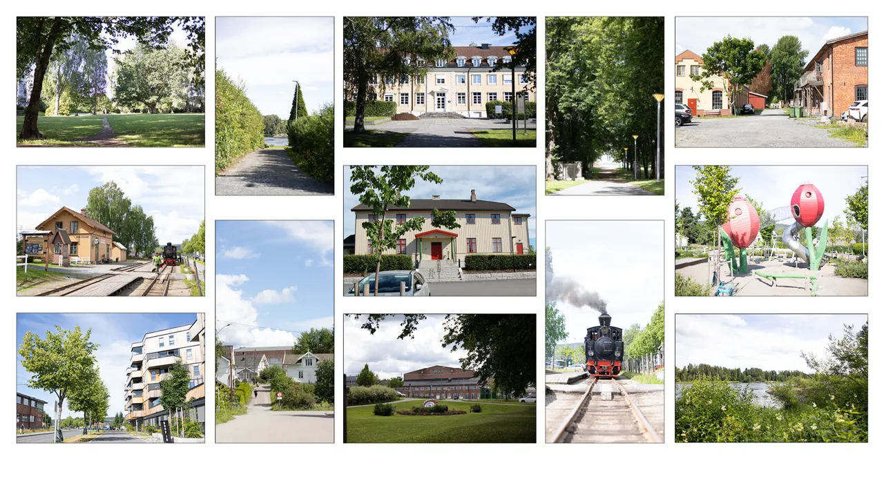 En collage av bilder av et tog, hus og trær.