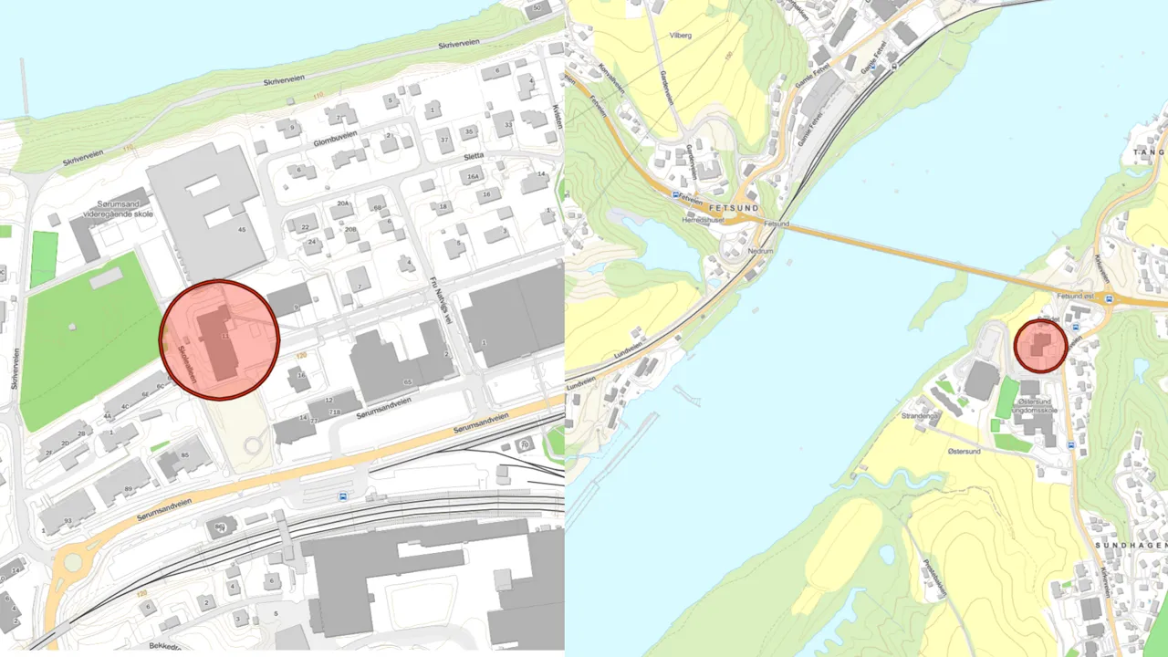 To kart side om side over Sørumsand sentrum og Fet sentrum. Lokasjonen til de gamle rådhusene er markert i rødt.