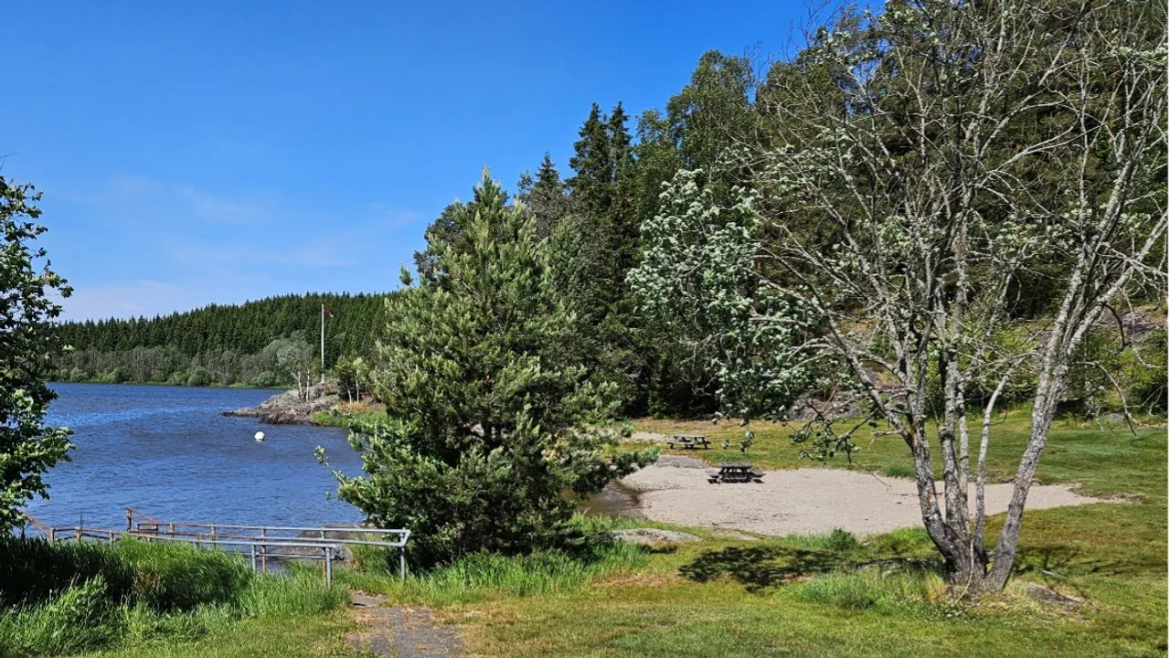 En sti som fører til en innsjø med en båt i det fjerne.