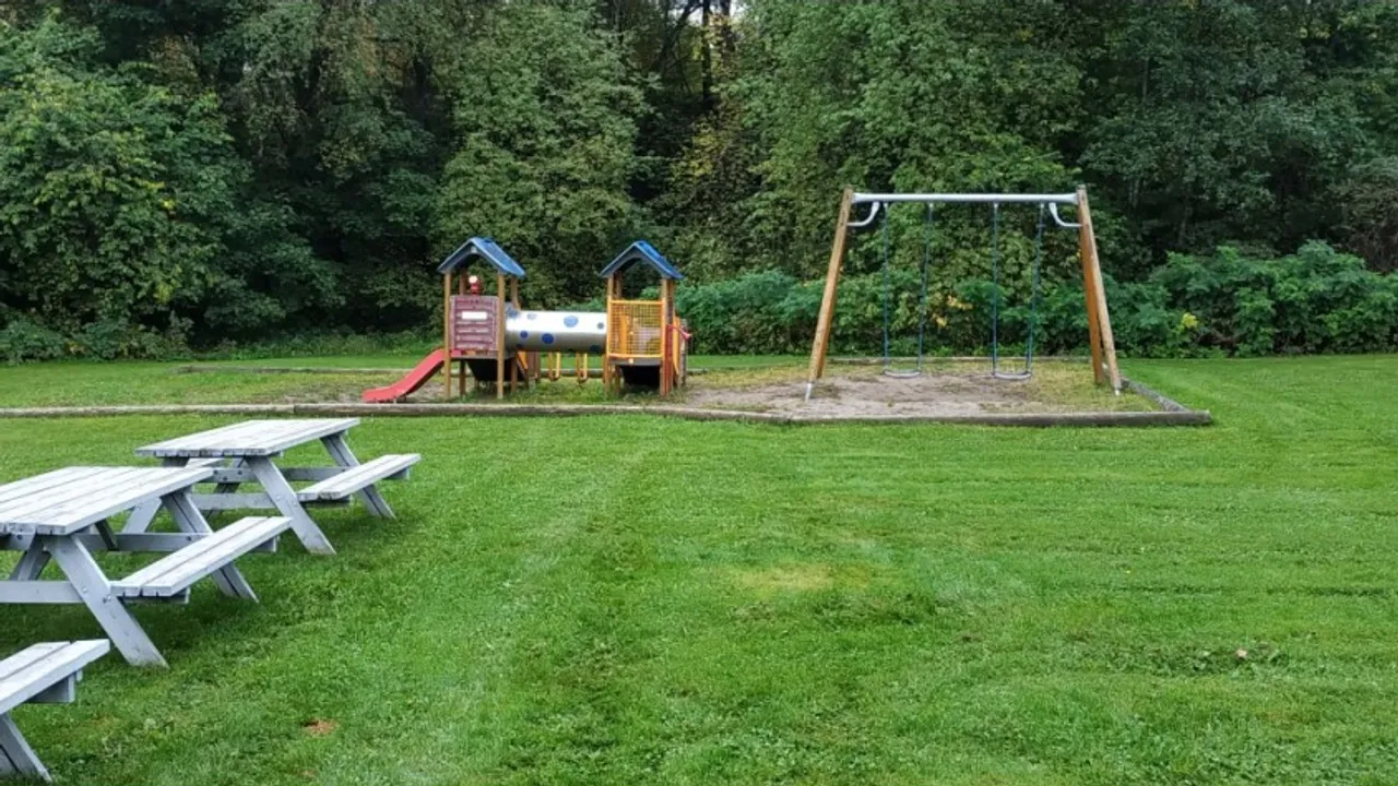 En park med piknikbord og huskestativ.