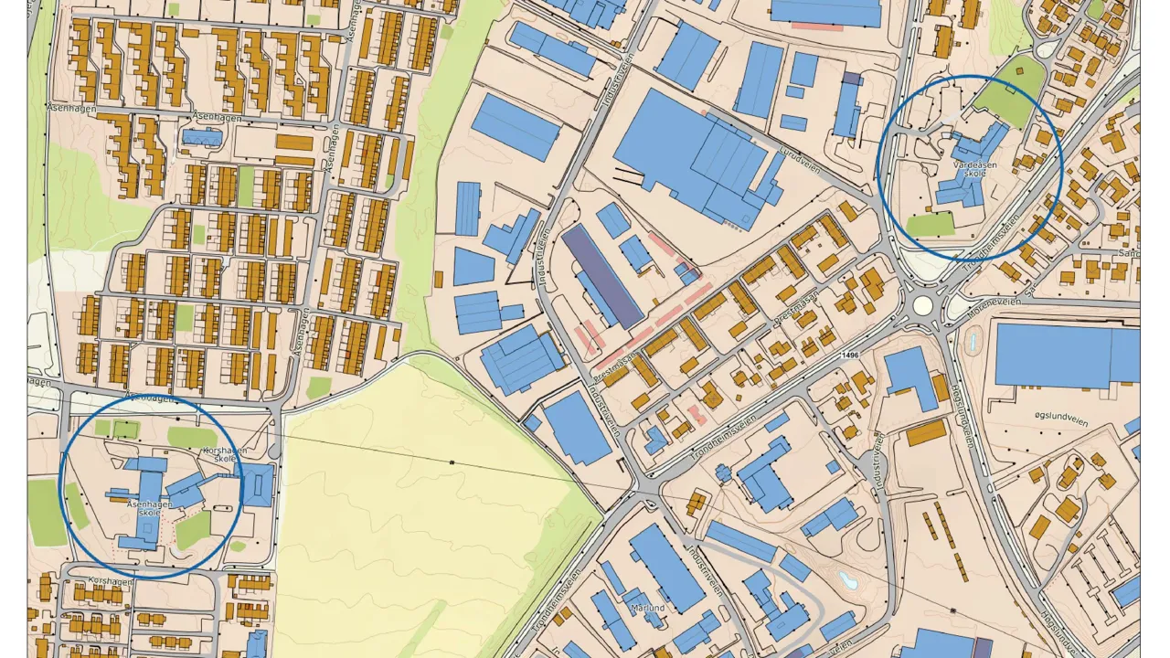 Et kart som viser plasseringen av Vardeåsen og Åsenhagen skoler