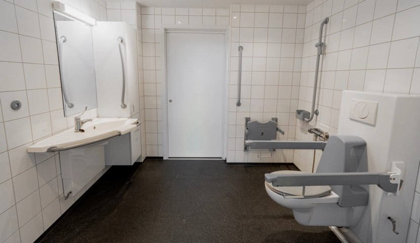 Et bad med toalett og vask.