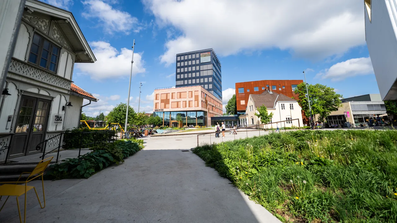 Oversiktsbilde av kulturparken i Lillestrøm sentrum med ulike bygninger og gress.