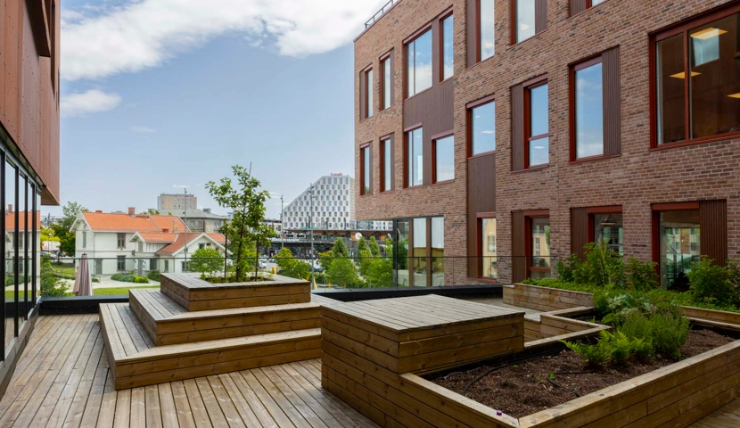 Et tredekke med planter og benker.