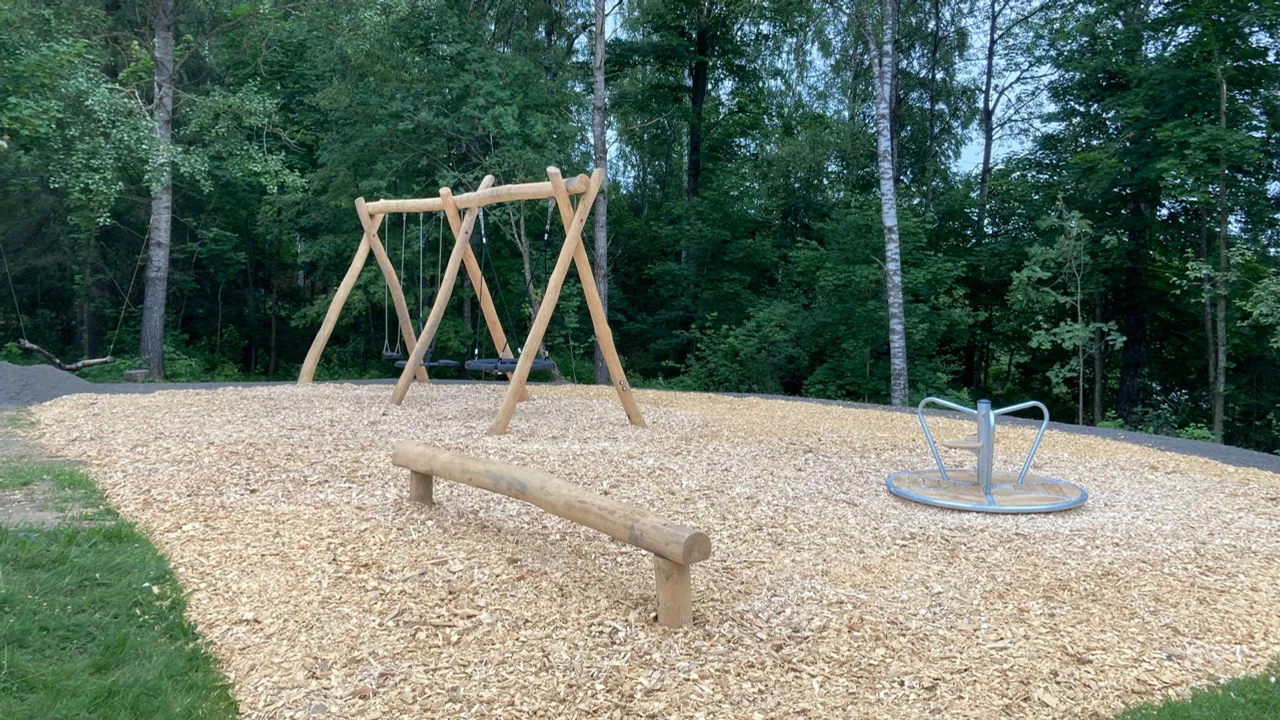 En huske av tre i en park ved siden av en skog.