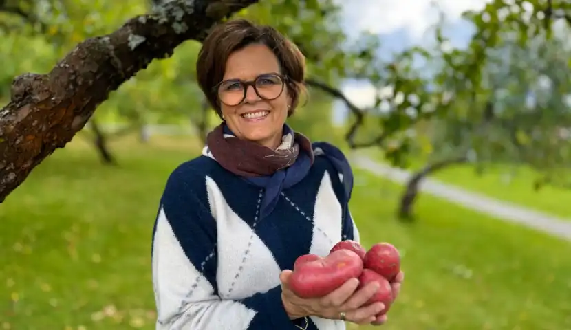 Bilde: Blid dame med poteter i hendene