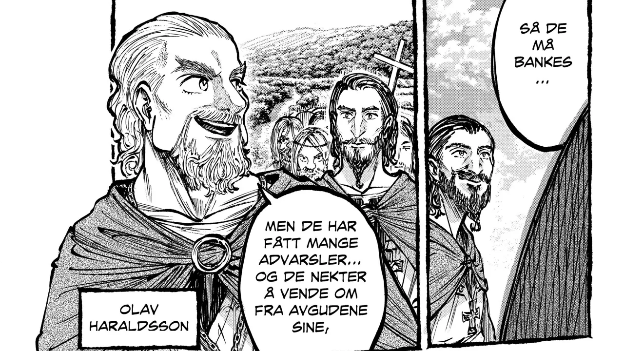 En tegneserie med en karikaturtegning av en mann med skjegg.