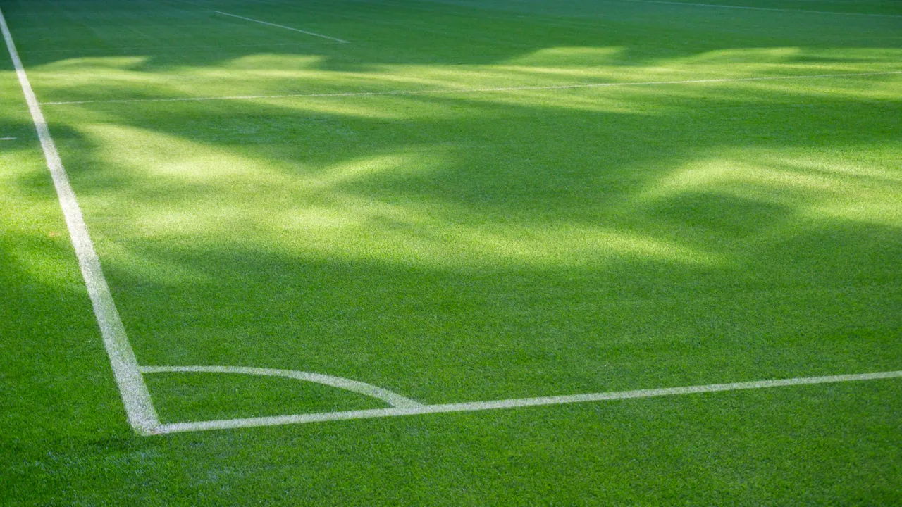 En fotballbane med en hvit strek malt på.