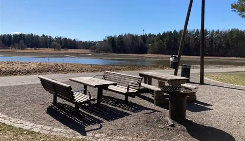 Et piknikbord , grill og benker nær en innsjø