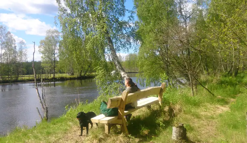 Mann sitter på benk ved elv