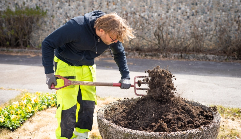 Person som planter blomster ved Nebbursvollen