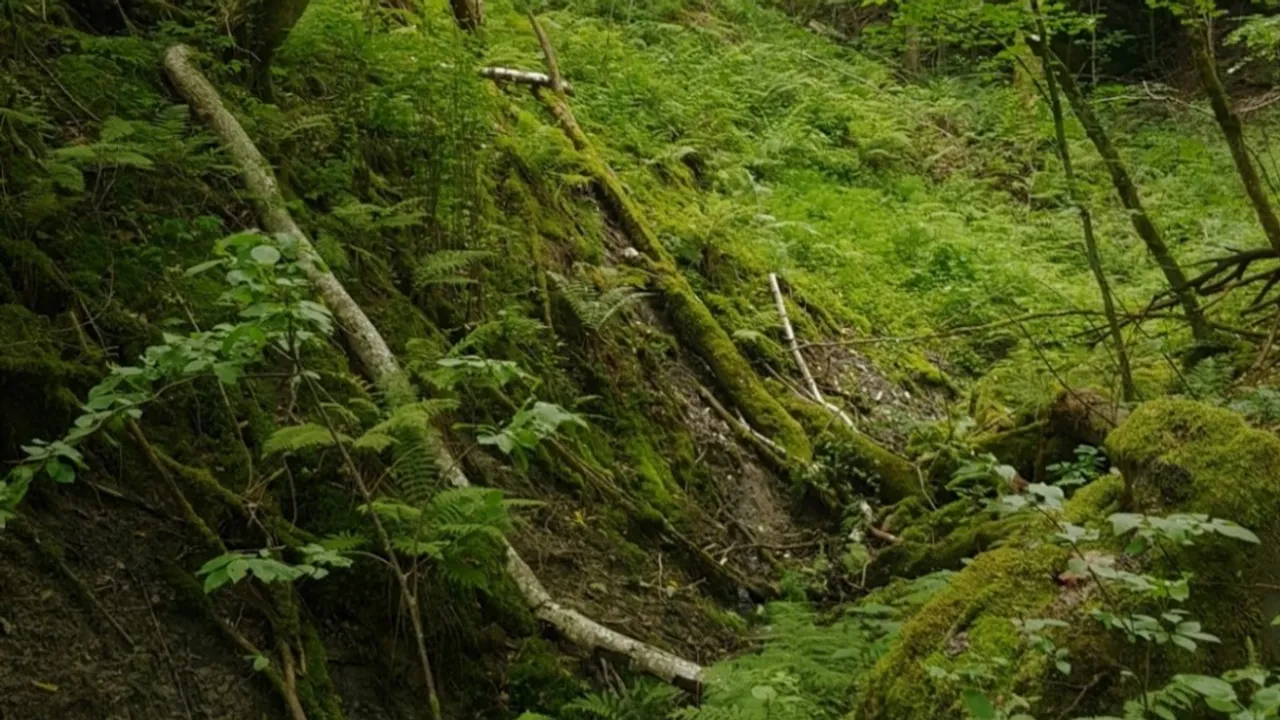 Tett skog med tydelig søkk der ravinen går.