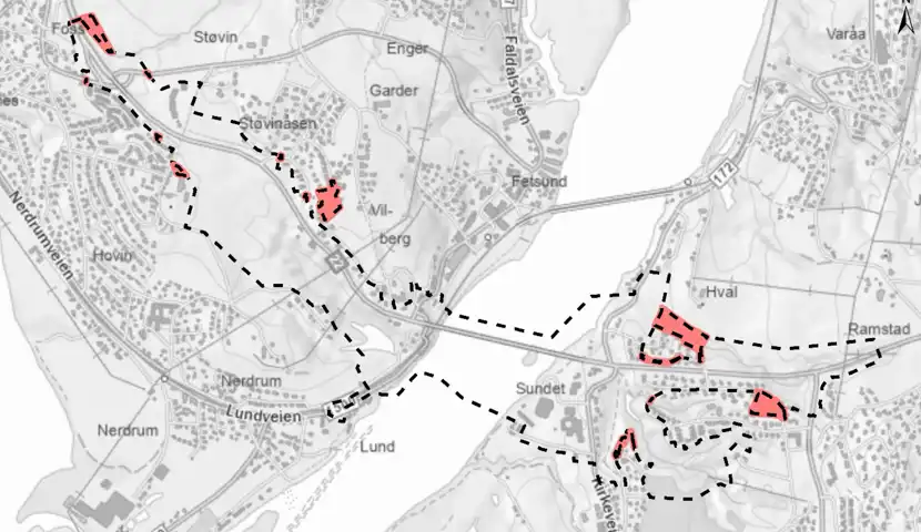 Kartet viser områder i randsonen av RV glommakryssningen som må innlemmes i planarbeidet.
