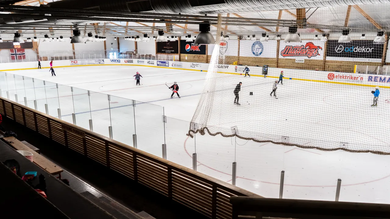 En gruppe mennesker som spiller ishockey innendørs.