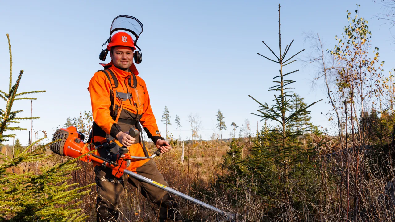 En mann med motorsag i en skog