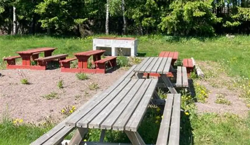 Et piknikområde med bord og benker med en grill i bakgrunnen.