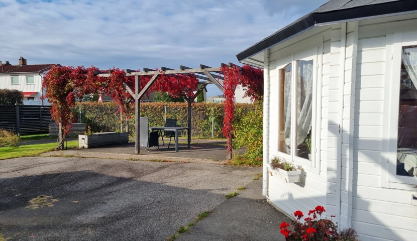 Et hvitt hus med røde blomster i hagen.