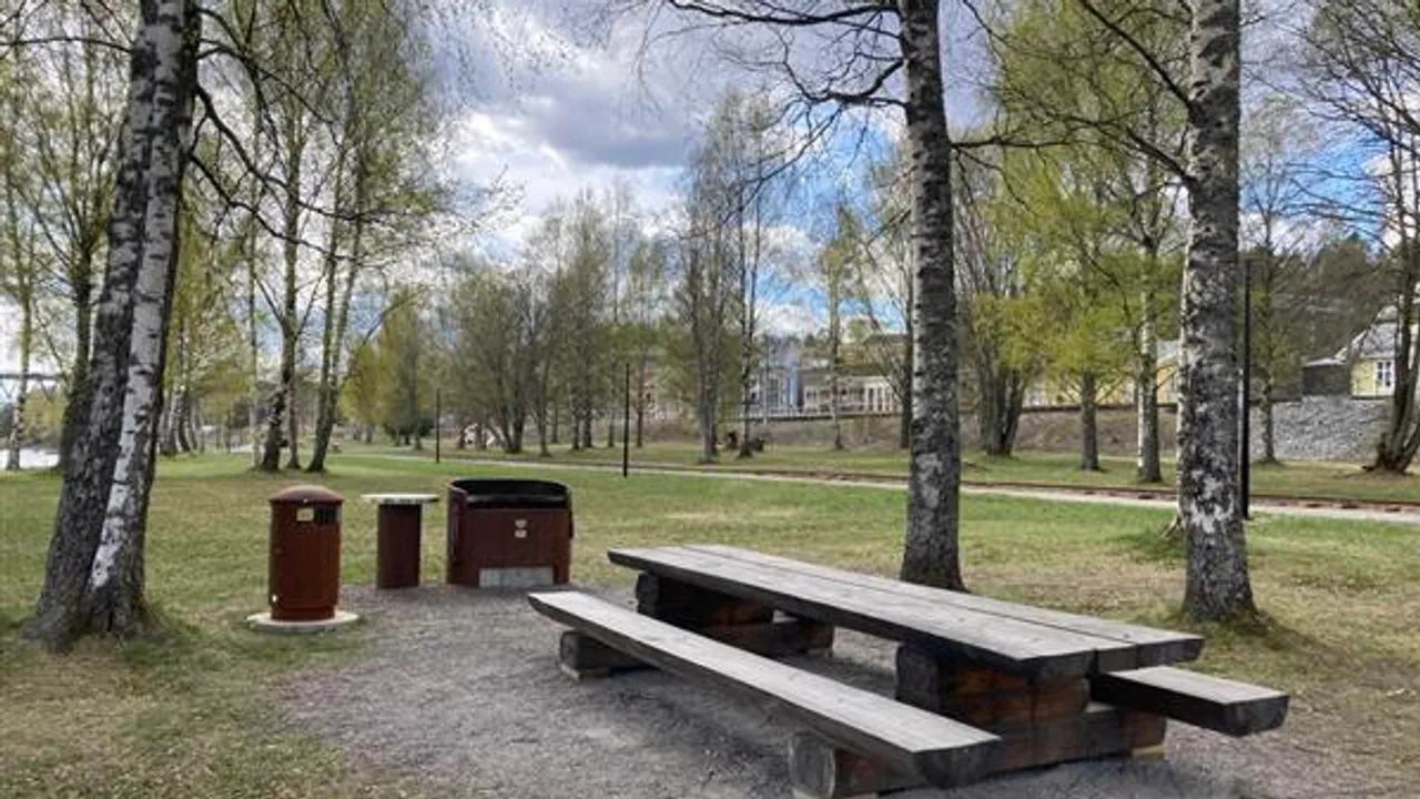 Et piknikbord og grill i en park.