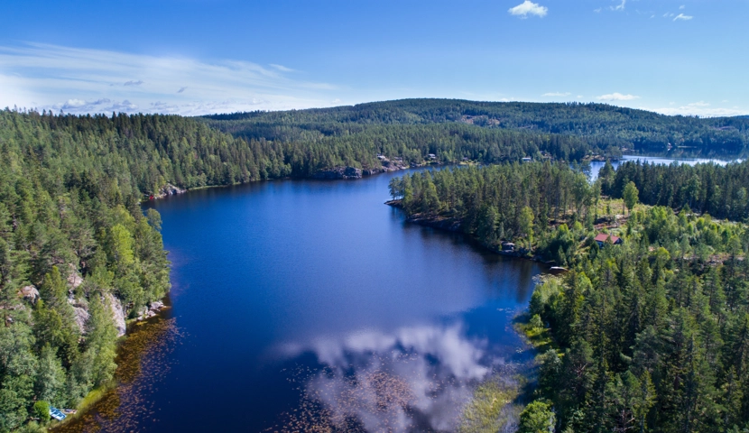 Et luftfoto av en innsjø omgitt av trær.