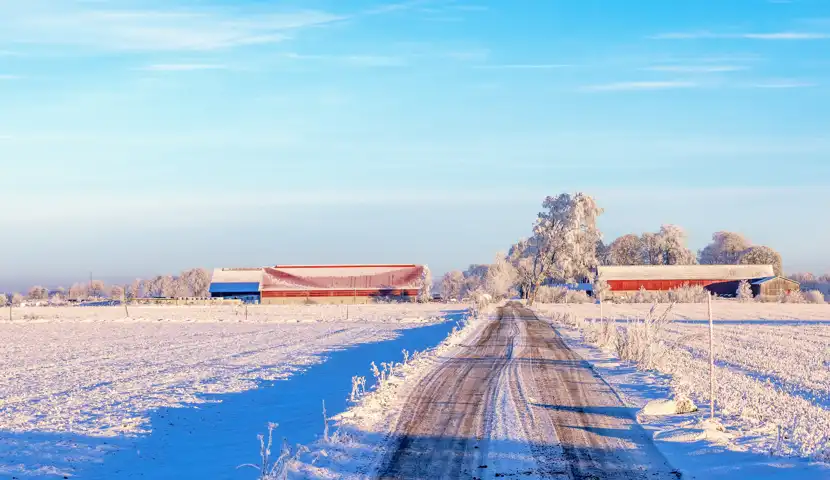 En lang snølagt vei leder opp til et gårdsbruk